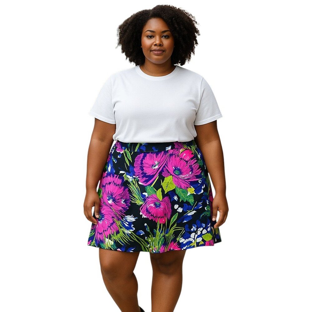 Lane Bryant Womens 16 Black Pink Floral A Line Mini Skirt Plus Size Summer